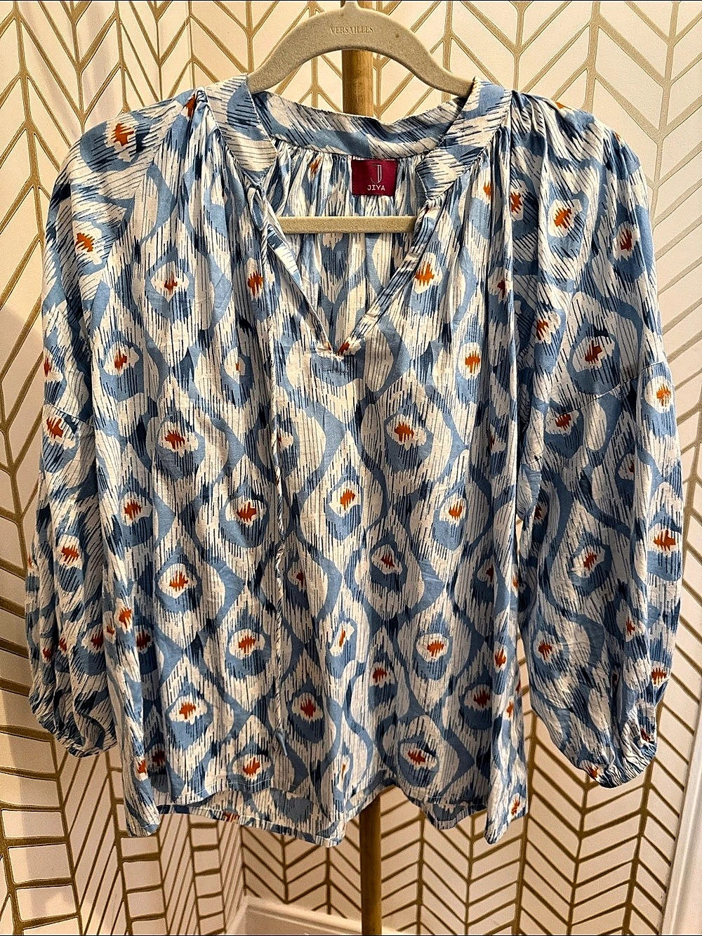 JIYA Blue & White Printed Long Sleeve Blouse Like New
